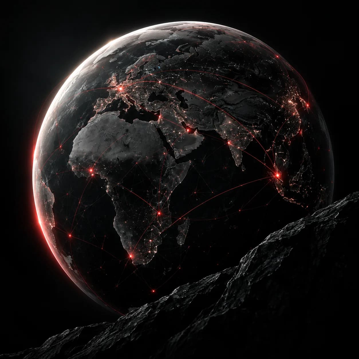 A charcoal globe connecting global financial centres with fine red network routes