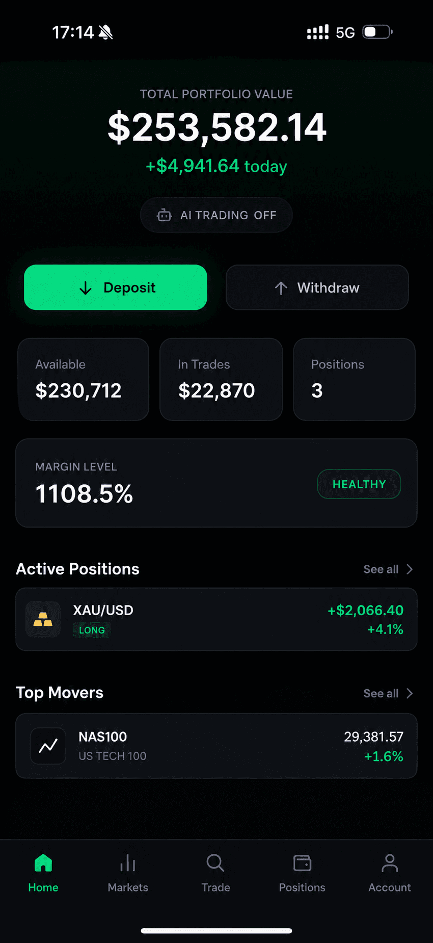 Branded mobile account overview with demo balances