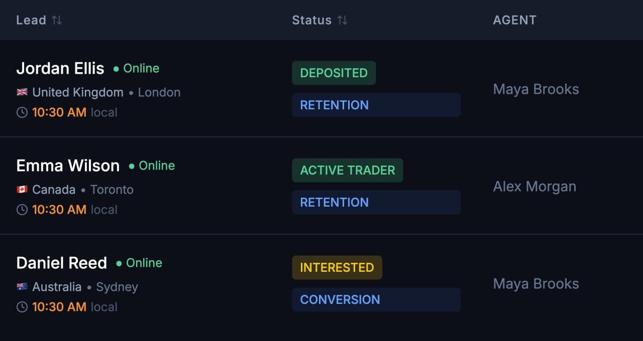 Real lead-table detail showing online activity, status and assigned agent