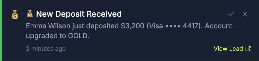 Actual CRM notification showing a demo deposit received