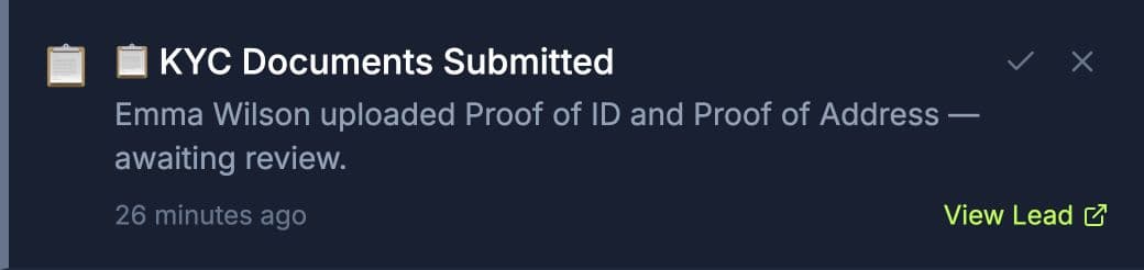 Actual CRM notification for submitted KYC documents, using fictional client details