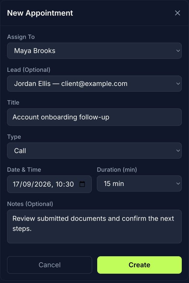 Actual appointment form with a fictional assigned agent, client, follow-up title, date and notes