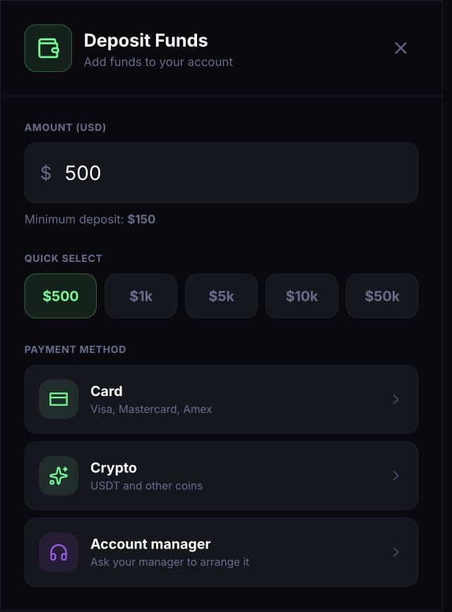 Actual deposit selector with card, crypto and account-manager options