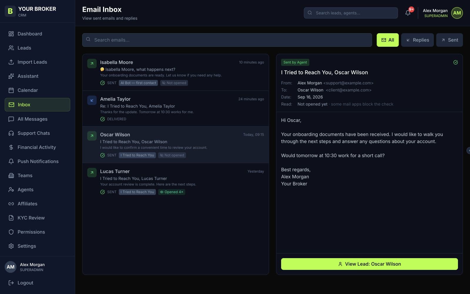 Real CRM inbox showing demo client messages and an account follow-up email