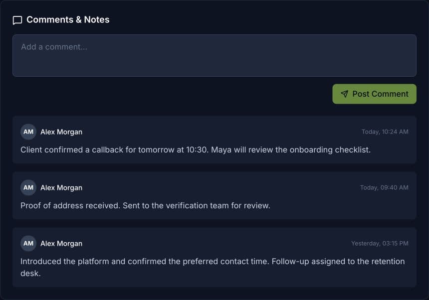 Native client notes with fictional follow-up, verification and team handover entries