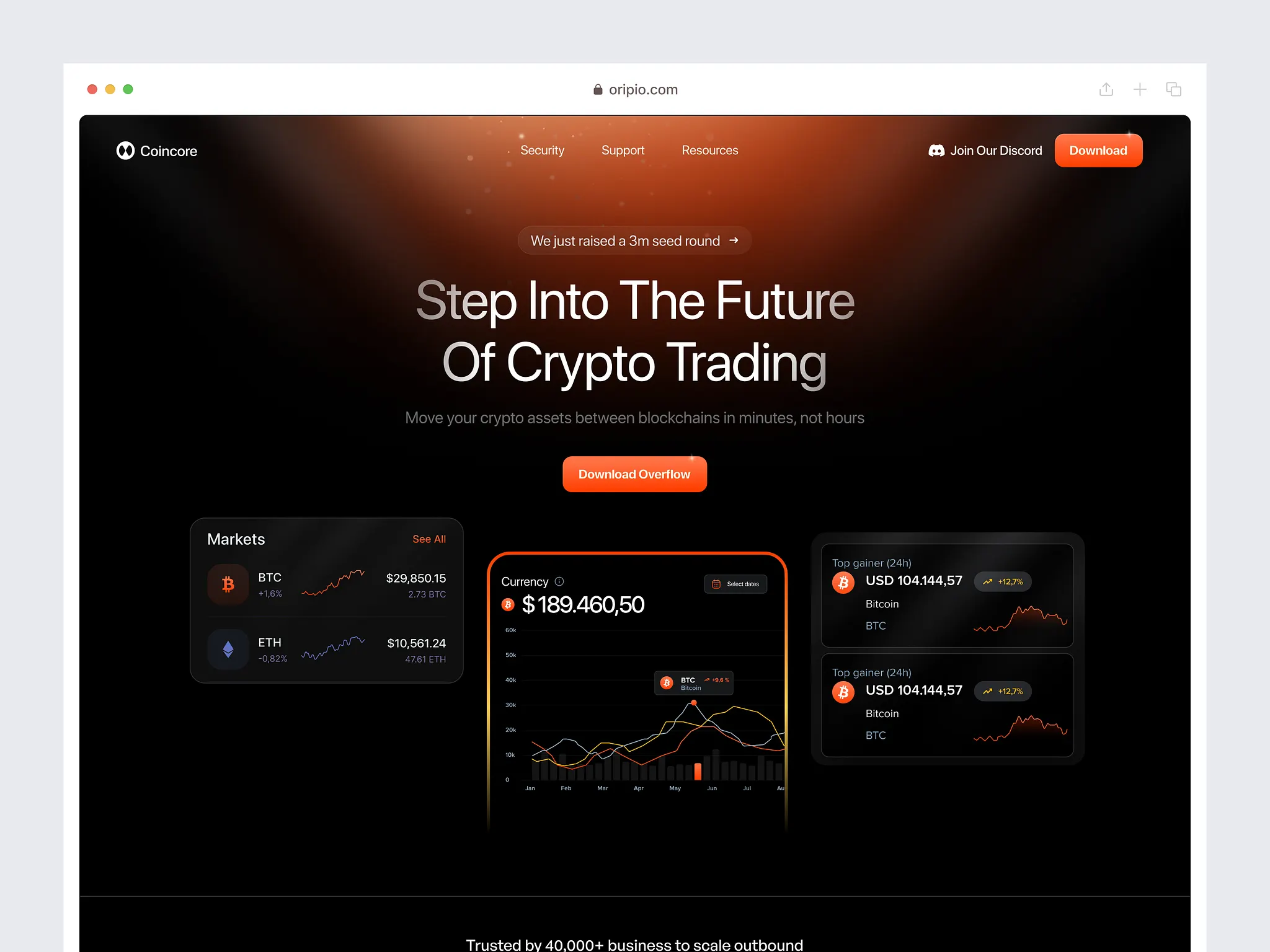 Orange and black crypto trading landing page design